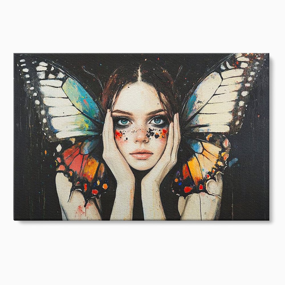Tablou canvas cu tablou canvas cu femeie si aripi de fluture, fara rama, pe sasiu de lemn